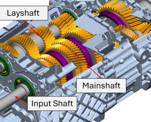 Diagram showing twin layshaft truck gearbox with 'Layshaft', 'Mainshaft' and 'Input Shaft' labels.